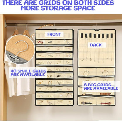 ONEPEACE Hanging Jewelry Organizer: Necklace & Earring Holder with Pockets for Closet, Wall or Door (Beige)