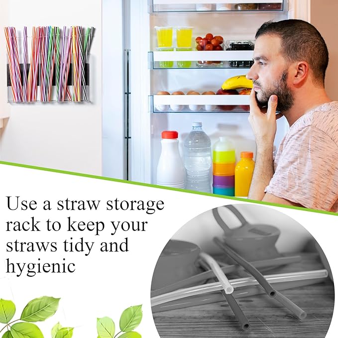 Honeydak Magnetic Acrylic Straw Holder for Cabinet Door with Adhesive Tapes and 5 Removable Partitions, Reusable Straw Organizer Storage Space-saving for Cabinet Door Fridge Kitchen(Clear,9.8 Inch)