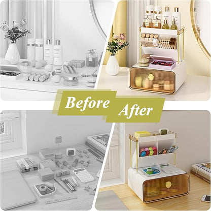 FOLLOWIN 3 Tiers Makeup Organizer with Drawer, Cosmetic Display with Lipsticks Brush Holder, Cosmetics and Beauty Supplies Organizers for Vanity, Dresser, Bathroom Desktop Countertop Organizer, Amber