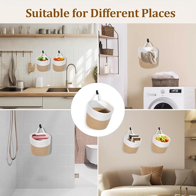 Fabric Wall Hanging Baskets 3 Pack - Woven Storage Organizers with Adhesive Hooks, Boho Style Wall Mounted Pouches for Home Kitchen Door (Large, White & Coffee)