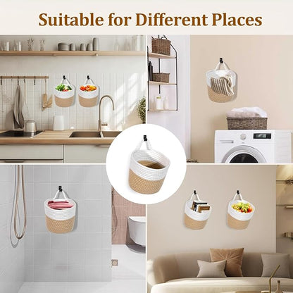 Fabric Wall Hanging Baskets 3 Pack - Woven Storage Organizers with Adhesive Hooks, Boho Style Wall Mounted Pouches for Home Kitchen Door (Large, White & Coffee)