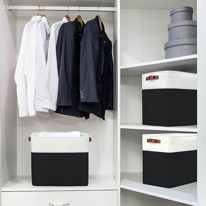 Bagnizer Large Fabric Storage Baskets | 50L Storage Bins, Decorative Linen Closet Baskets with Handles for Organizing, Shelf, Toys, Clothes, Home, Office, Nursery, 17x12x15Inches (Black&White)