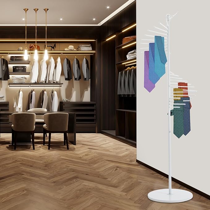 67" White Retail Display Tie & Scarf Rack, Belt Hanger & Pants Rack Towel Organizer Hanging Bar, Floor Standing Tie Racks Scarves Necktie Holder for Home Clothing Store Commercial