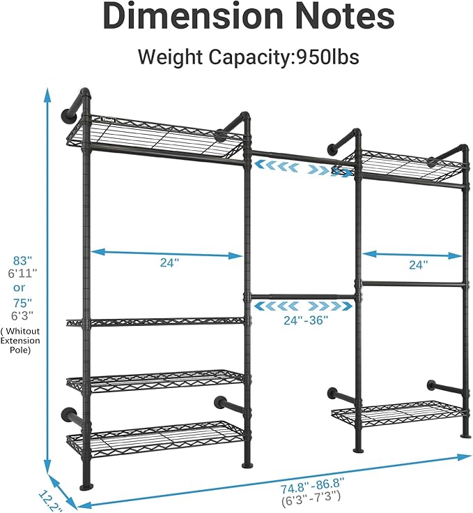 Timate F3 Garment Rack Heavy Duty Clothes Rack for Hanging Clothes, Expandable Industrial Pipe Wall Mounted Clothing Racks, Adjustable Storage Wardrobe Closet Kit Walk in Closet Systems, Black