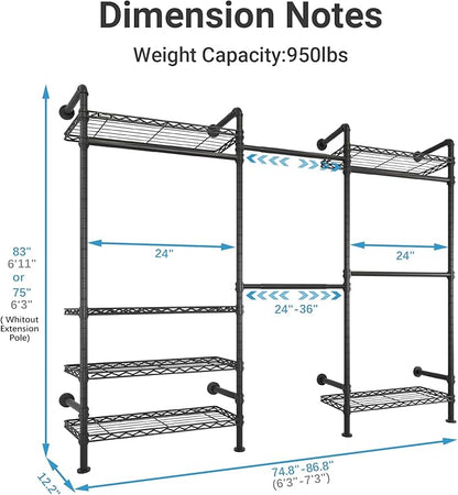 Timate F3 Garment Rack Heavy Duty Clothes Rack for Hanging Clothes, Expandable Industrial Pipe Wall Mounted Clothing Racks, Adjustable Storage Wardrobe Closet Kit Walk in Closet Systems, Black