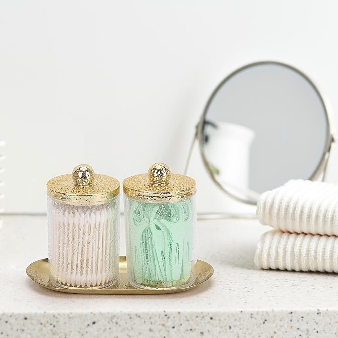 Tbestmax 2 Pack Qtip Holder with Gold Tray, 10oz Plastic Canister Apothecary Jar for Cotton Swabs, Balls, Pads, Floss Picks - Clear Bathroom Essentials Accessories Decor