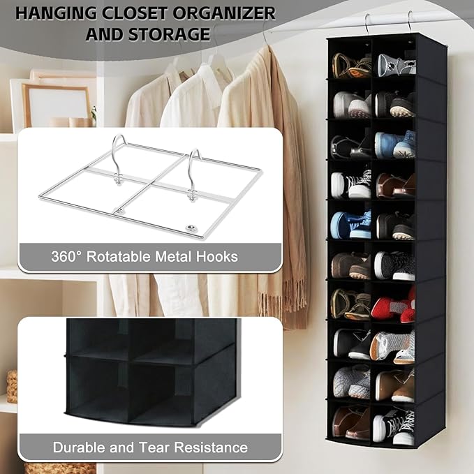 Hanging Shoe Organizer for Closet, 20 Sections Hanging Closet Organizers and Storage Shelves, Space Saving Hanging Shoe Rack, Black, 12''W×12''Dx 50''H