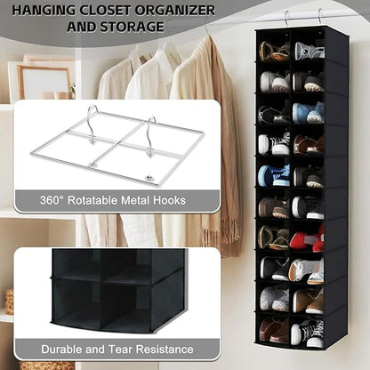 Hanging Shoe Organizer for Closet, 20 Sections Hanging Closet Organizers and Storage Shelves, Space Saving Hanging Shoe Rack, Black, 12''W×12''Dx 50''H