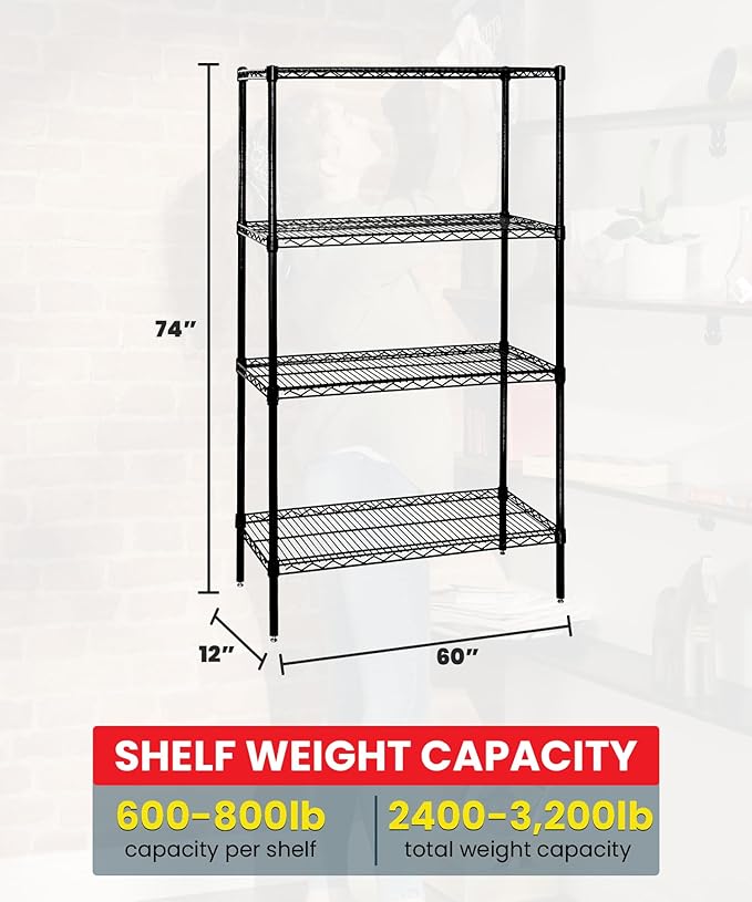 Quantum Storage Systems WR74-1260BK Wire Shelving Starter Kit, 60" W x 12" D x 74" H, 600 lbs Capacity, Carbon Steel, Epoxy Coated, Black, NSF