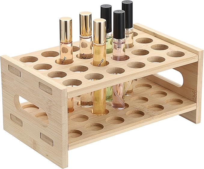 ELLDOO Rollerball Perfume Organizer, 24 Spaces Bamboo Perfume Storage Holder Beauty Scent Holder with Handle, Makeup Lipgloss Lipstick Display Case