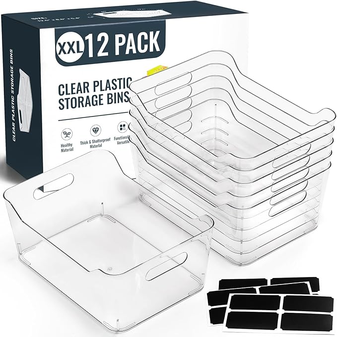 12 PACK Multi-Use Clear Plastic Storage Bins for Organizing w/ Labels - Home, Kitchen, Pantry, Bathroom, Office, Cabinet Shelf Organizer Bins - SOHO Collection, RV, Fridge Organization Containers -XXL