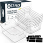 12 PACK Multi-Use Clear Plastic Storage Bins for Organizing w/ Labels - Home, Kitchen, Pantry, Bathroom, Office, Cabinet Shelf Organizer Bins - SOHO Collection, RV, Fridge Organization Containers -XXL