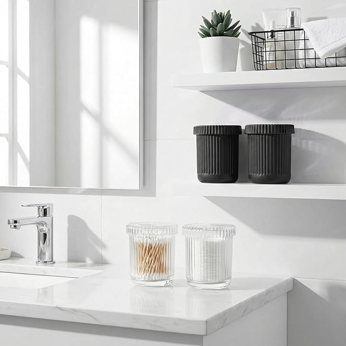 2 Pack Qtip Holder - Apothecary Jars with Lids, Bathroom Organizers and Storage Canister for Cotton Balls,Swabs,Floss Picks,Hair Ties,Clear Glass Vintage Bathroom Decor Jar Set (Black)