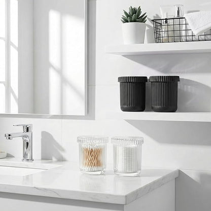 2 Pack Qtip Holder - Apothecary Jars with Lids, Bathroom Organizers and Storage Canister for Cotton Balls,Swabs,Floss Picks,Hair Ties,Clear Glass Vintage Bathroom Decor Jar Set (Black)