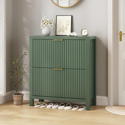 YOMILUVE Fluted Shoe Storage Cabinet with 2 Flip Drawers, Freestanding Shoe Organizer, Hidden Slim Narrow Shoe Rack for Entryway, Hallway, Green