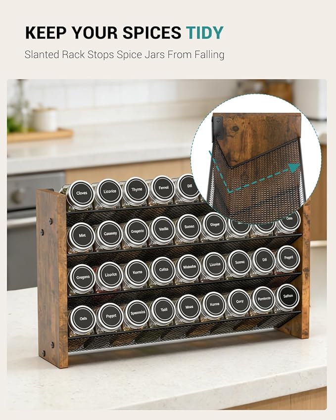 NESAPTO Spice Rack Organizer for Cabinet, Wood 4-Tier Vertical Seasoning Organizer, Wall Mount or Countertop Spice Shelf, Holds 36 Jars (No Jars Included), 17.2" W x 9.4" H