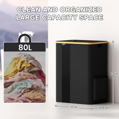 BlissTotes Laundry Basket with Lid, 80L Clothes Laundry Hamper with Handles and Removable Laundry Bag, Breathable Design Hamper with Lid for Bedroom, Bathroom, Dorm, Laundry Room - Black