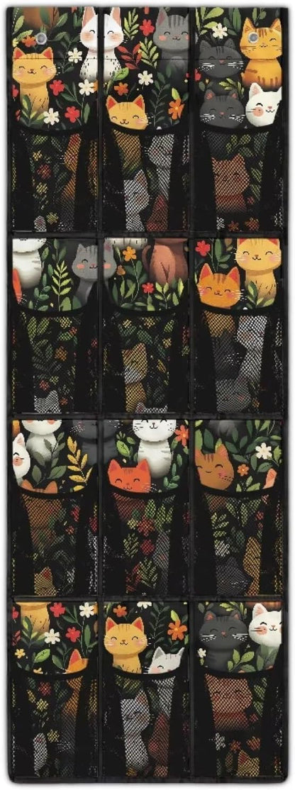 12 Pockets Over The Door Shoe Organizer Mesh Fabric Door Hanger Organizer for School Cartoon Cat Wall Hanging Storage Flowers Shoe Holder Hanger