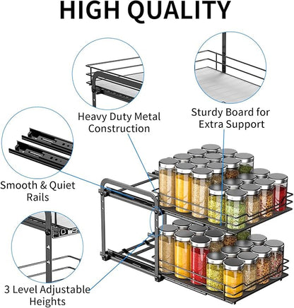 RCHYFEED Spice Rack Organizer for Cabinet, 2 Tier Pull Out Spice Racks for Inside Cabinets & Pantry, Height Adjustable Heavy Duty Vertical Spice Shelf for Seasoning Organizer(9.5" Wx10.5 Dx9.5 H)