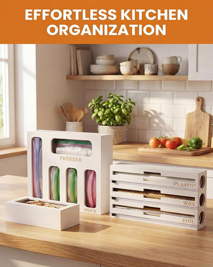 Bamboo Foil and Plastic Wrap Organizer for Kitchen Drawer, 2024 New 9 in 1 Plastic Bag Organizer Organization and Storage, Food Storage Bag Organizer with Labels for Quart Gallon Snack (White)