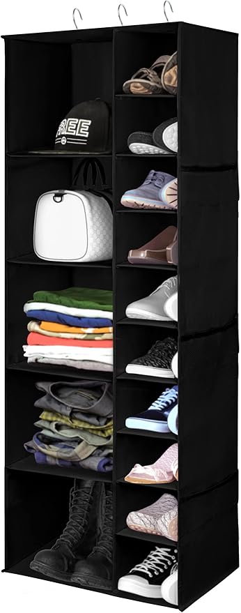 Libeder Shoe Organizer for Closet, 15 Shelf Hanging Closet Storage Shelves - 10 Shoe Rack Organizer and 5 Compartment for Clothes with 6 Side Mesh Pockets for Scarf, Socks,Gloves Black