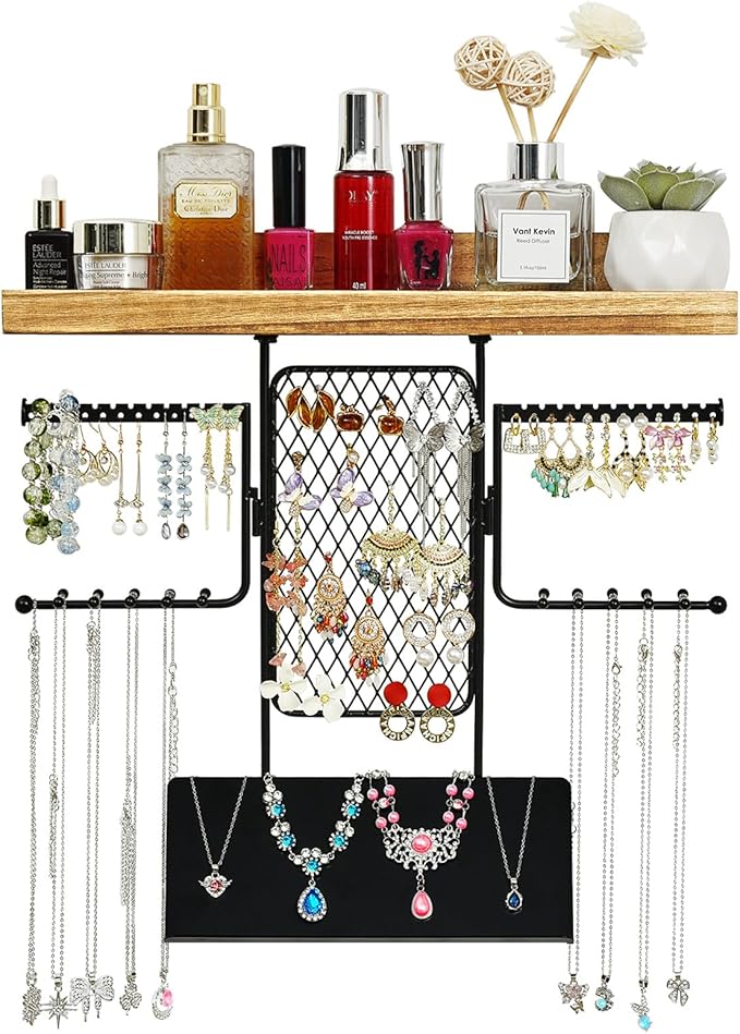 Hanging Jewelry Organizer, Wall Jewelry Organizer with Shelf for Women, Rustic Wooden Necklace Holder Wall Mounted, Earring Holder Organizer Display for Earrings Bracelets Necklaces