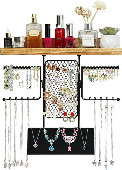 Hanging Jewelry Organizer, Wall Jewelry Organizer with Shelf for Women, Rustic Wooden Necklace Holder Wall Mounted, Earring Holder Organizer Display for Earrings Bracelets Necklaces
