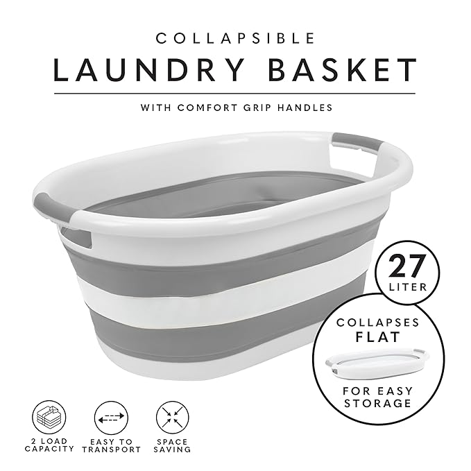 Laundry 360 2pk Collapsible Laundry Basket | Portable | Space Saver Storage | Hold 2 Loads | Store Under the Bed or Closet | Good for Kids | Dorm | Bedroom | Large | White/Grey