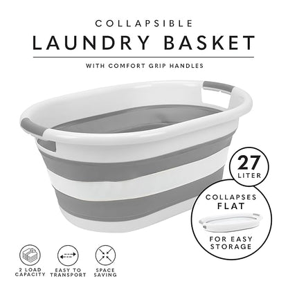Laundry 360 2pk Collapsible Laundry Basket | Portable | Space Saver Storage | Hold 2 Loads | Store Under the Bed or Closet | Good for Kids | Dorm | Bedroom | Large | White/Grey
