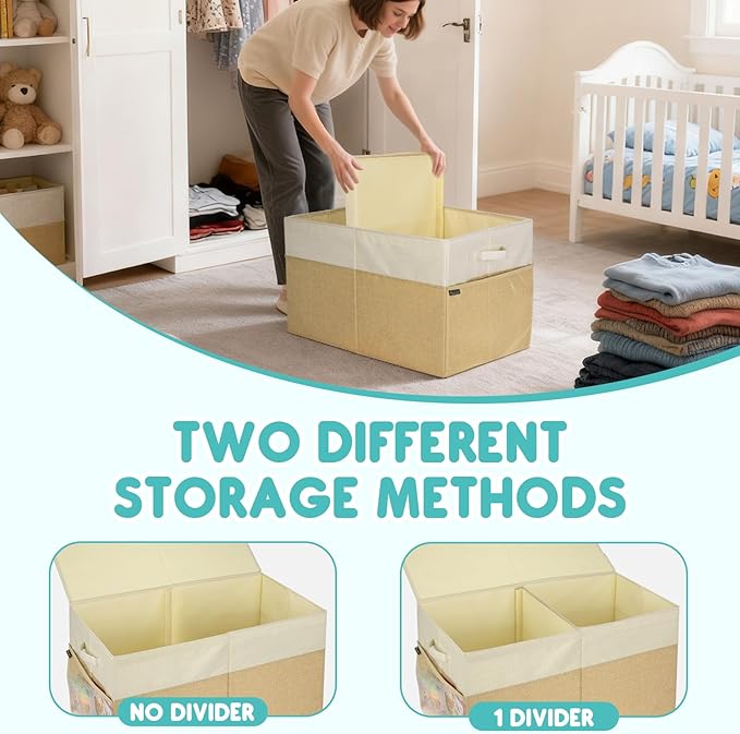 BALEINE Fabric Storage Bins with Lid, Collapsible Extra Large Storage Boxes Bins Baskets with Divider for Home Organizing (25"x13"x16", Grey)