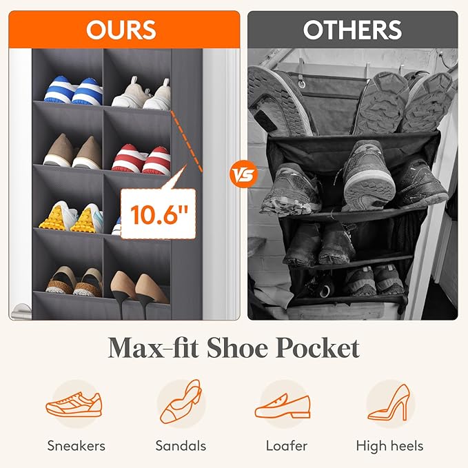 Lifewit 6 Tier Over the Door Shoe Organizer with 11 Large Deep Pockets, Fabric Hanging Shoes Shelf for Closet, Dorm Storage, Fit Up to 12 Pair Shoe Rack Holder for Sneakers, Boots, Gray
