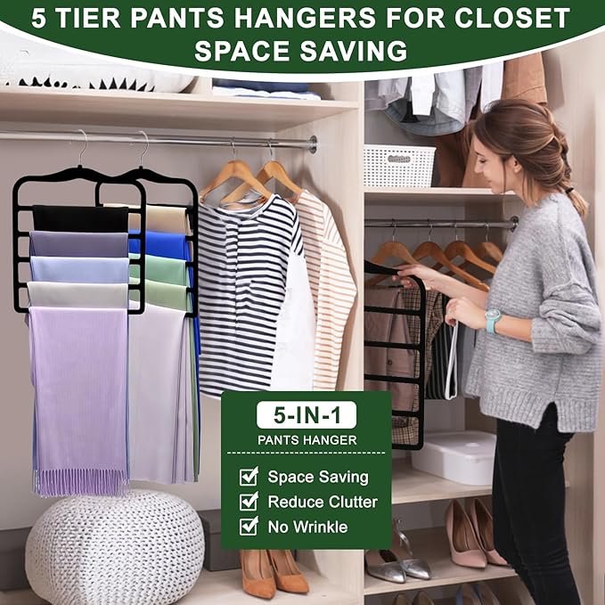 Closet Organizers and Storage, 3 Pack Pants-Hangers-Space-Saving, Velvet Non Silp 5 Tier Scarf Jeans Closet Organizer,Dorm Room Essentials for College Students Girls Boys Guys,Organization and Storage
