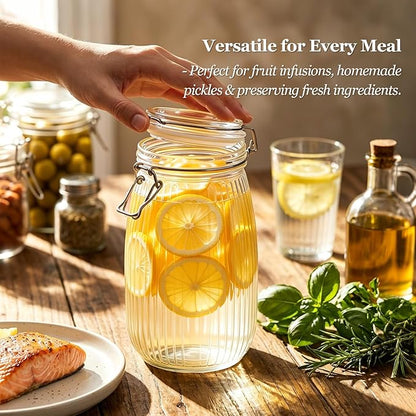 ComSaf 3pcs 50oz Ribbed Glass Jars with Airtight Clamp Lids, Large Vintage Canisters for Flour, Sugar Storage & Fermenting, Wide Mouth for Pantry Organization & Countertop Decor