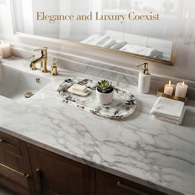 Natural Marble Tray Bathroom Tray, Luxury Decorative Trays for Bathroom, Vanity, Dresser, Kitchen & Home Decor, Valentine's Day House Warming Gifts New Home (Gold)