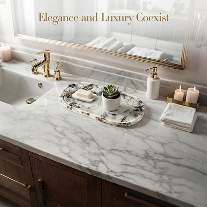 Natural Marble Tray Bathroom Tray, Luxury Decorative Trays for Bathroom, Vanity, Dresser, Kitchen & Home Decor, Valentine's Day House Warming Gifts New Home (Gold)