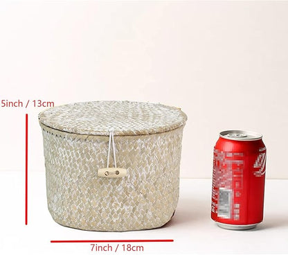 Seagrass Handmade Basket with Lid, Small Round Basket for Storage, Decorative Home Organizer Decor(7"L X 5"H, White)
