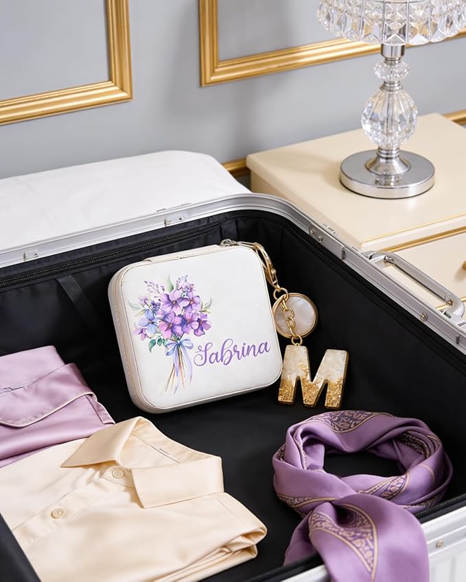 Personalized Jewelry Box for Girls Women, Custom Leather Travel Jewelry Case with Name Birth Flower, Storage Mini Organizer for Necklaces Earrings, Gifts for Wife Girlfriend Bridesmaid Wedding Mother