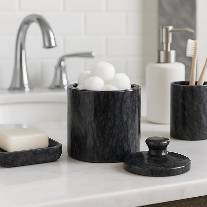 Creative Home Hand Carved Natural Black Marble Storage Jar Heavy Duty Taiwan Yushan Stone for Cotton Balls Jewelry Bathroom Essentials Chemical-Free and Eco-Friendly, 3.8 Diam. x 5.2 H Inch