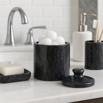 Creative Home Hand Carved Natural Black Marble Storage Jar Heavy Duty Taiwan Yushan Stone for Cotton Balls Jewelry Bathroom Essentials Chemical-Free and Eco-Friendly, 3.8 Diam. x 5.2 H Inch