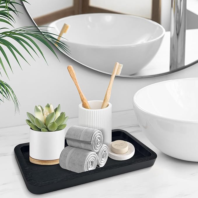 Bamboo Vanity Bathroom Tray for Counter, Bamboo Tray for Bathroom, Toilet Tank, Perfume 11.8L x 5.9W x 0.8H inch (Black)