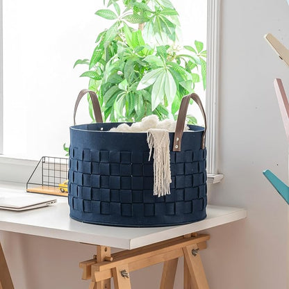 BOLDMONKEY Laundry Basket 20" x20 " x11.8 ",Extra Large Round Blanket Basket with Leather Handle, Felt Storage Basket for Living Room, Nursery, Dog Toys-Navy Blue