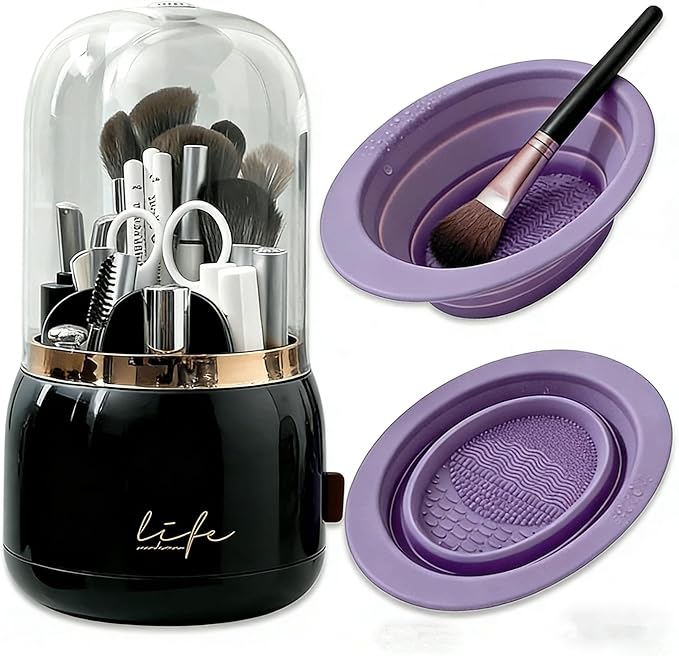 360 Rotating Makeup Brush Holder with Lid,Clear Dustproof Make Up Organizers for Vanity Countertop,Includes a Foldable Bowl for Cleaning Makeup Brush,Transparent, Dustproof -Black