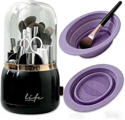 360 Rotating Makeup Brush Holder with Lid,Clear Dustproof Make Up Organizers for Vanity Countertop,Includes a Foldable Bowl for Cleaning Makeup Brush,Transparent, Dustproof -Black
