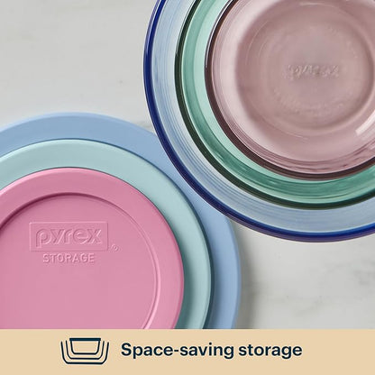 Pyrex Colors (3-Pack, Medium) Tinted Glass Round Food Storage Container Set, Snug Fit Non-Toxic Plastic BPA-Free Lids, Freezer Dishwasher Microwave Safe, 2 Cup, 4 Cup & 7 Cup