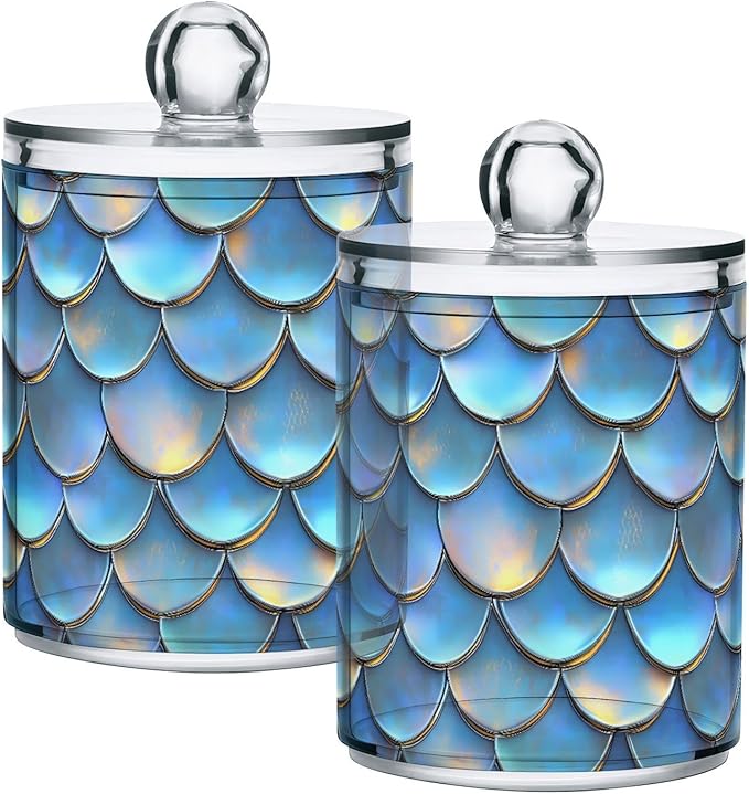 ALAZA 4pcs Blue Mermaid Scale 3D Funny Qtip Holder Dispenser 14 oz Bathroom Storage Clear Apothecary Jars Containers Cotton Ball,Cotton Rounds,Floss Picks, Hair Clips, Food