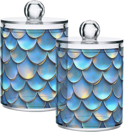 ALAZA 4pcs Blue Mermaid Scale 3D Funny Qtip Holder Dispenser 14 oz Bathroom Storage Clear Apothecary Jars Containers Cotton Ball,Cotton Rounds,Floss Picks, Hair Clips, Food