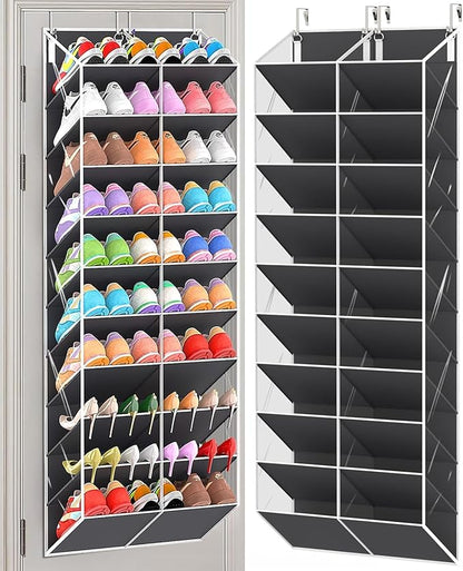 TAKE FIRE Over the Door Shoe Organizer: 10-Tier Clear Pocket Storage for Sneakers, Boots & Heels (20-30 Pairs, Black)