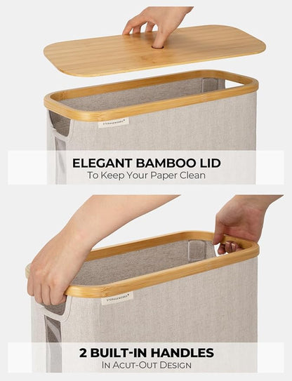 StorageWorks Large Toilet Paper Storage with Bamboo Lid, Toilet Paper Holder Basket for Up to 12 Mega or 16 Regular Size Rolls, Paper Storage Baskets for Bathroom, Light Khaki, 1 Pack
