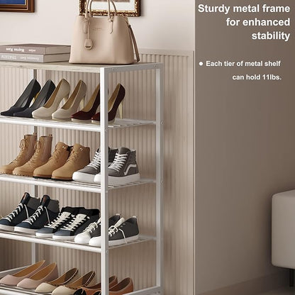 HOMEFORT 5-Tier Shoe Rack, Storage Shelf, Industrial Tower, Narrow Organizer for Closet Entryway, Small Table With Durable Metal Shelves, White Oak
