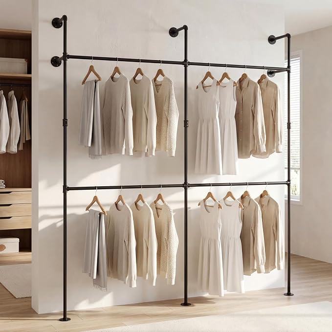 Giantex Industrial Pipe Clothing Rack, 79" Wall Mounted Heavy-Duty Metal Garment Organizer with 4 Hanging Rods, 2-Tier Walk-in Closet System for Wardrobe Closet, Retail Display